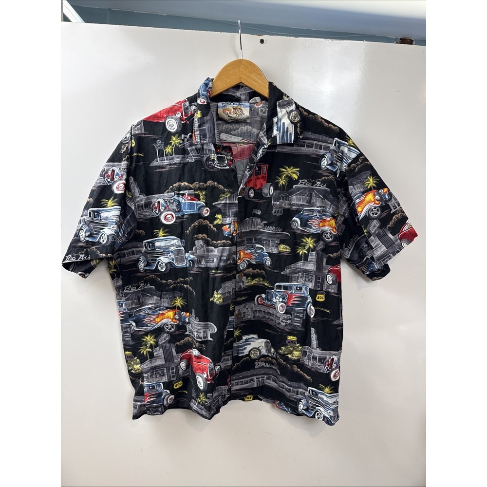 Matt Rider Hawaiian Shirt Vintage Hot Rods Large Black 40s 50s Cars Laguna Beach